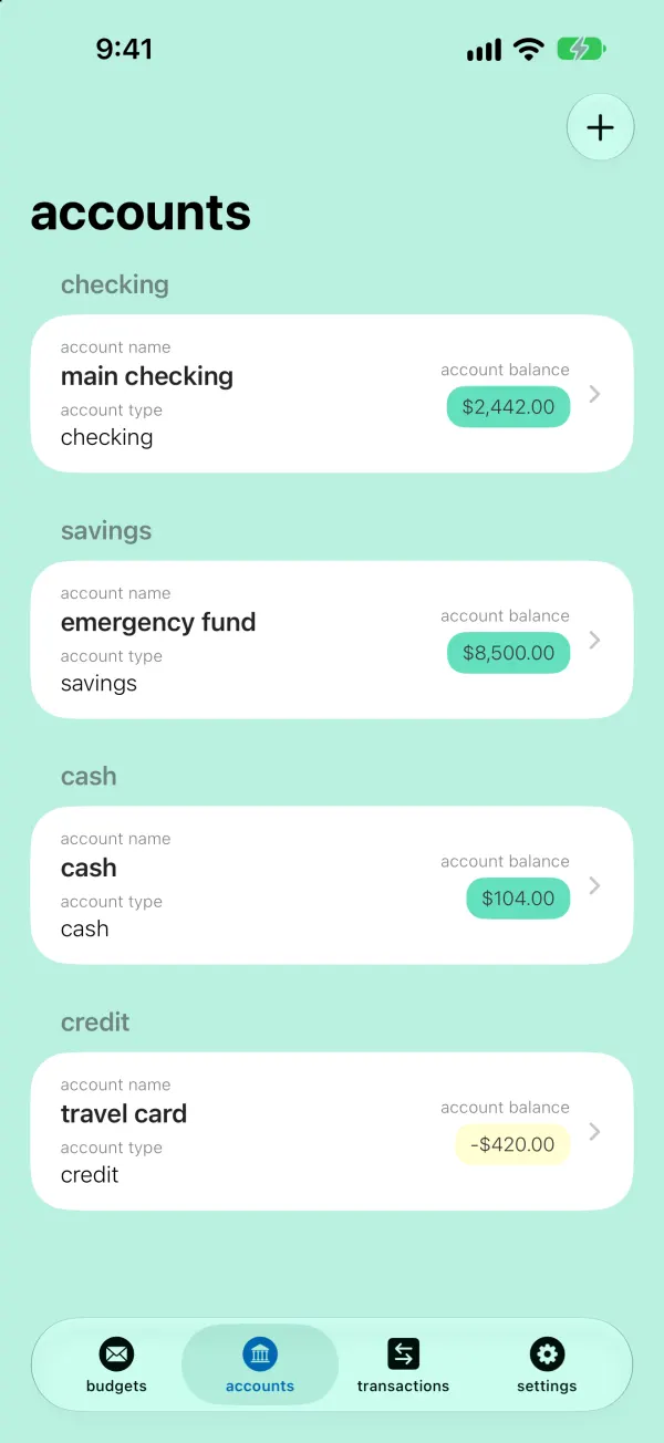 Accounts screen with checking, savings, cash and a credit card, each with its balance