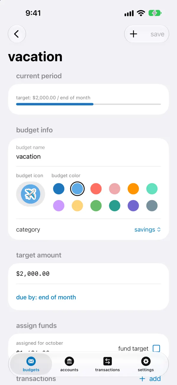 A vacation budget with a $2,000 target due by the end of the month, an icon and color picker, and the amount assigned for October