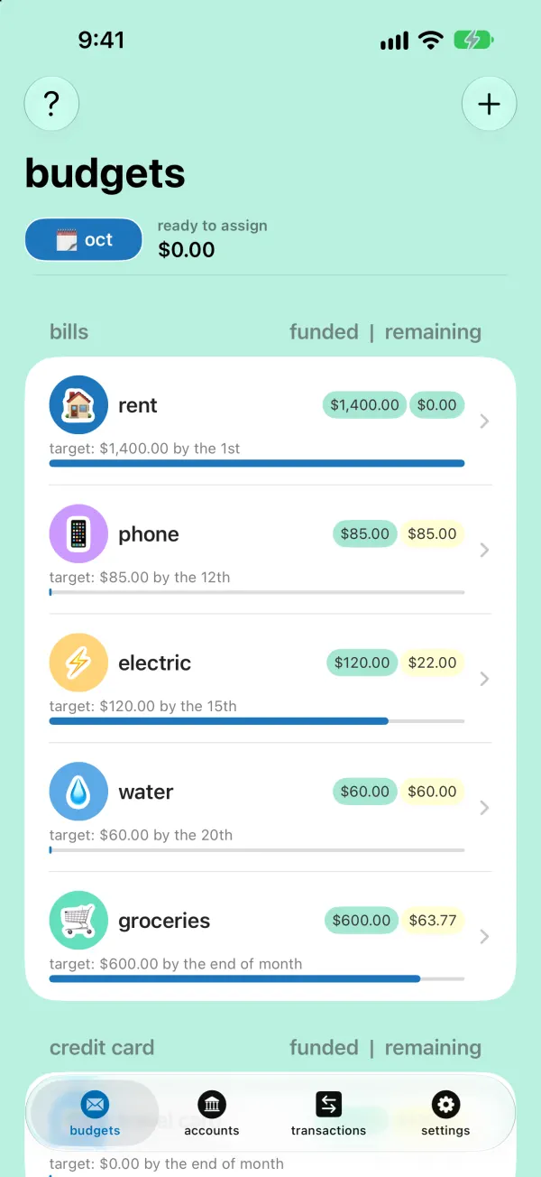 Budgets screen for October with ready to assign at $0.00 and budgets for rent, phone, electric, water and groceries, each with a target and a progress bar