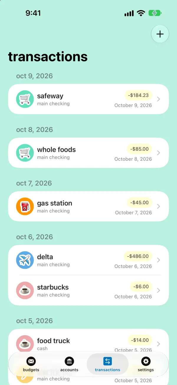 Transactions list grouped by day, with payees like Safeway, Whole Foods and a gas station